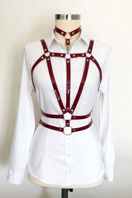 Halterneck Leather Harness with Double Row Triangle Detail - 1