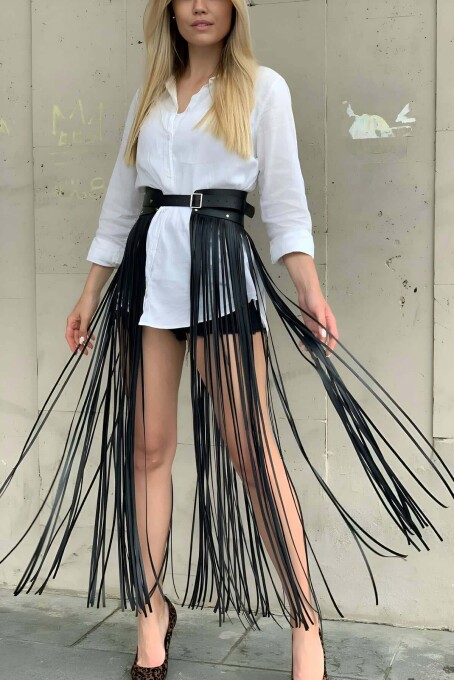 High Waist Tasseled Leather Skirt with Sexy Harness Design - 1