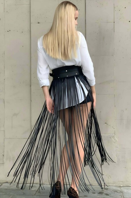 High Waist Tasseled Leather Skirt with Sexy Harness Design - 2