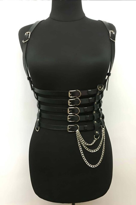 Leather Belt with 5 Rows of Chain Detail for Fashion - 1