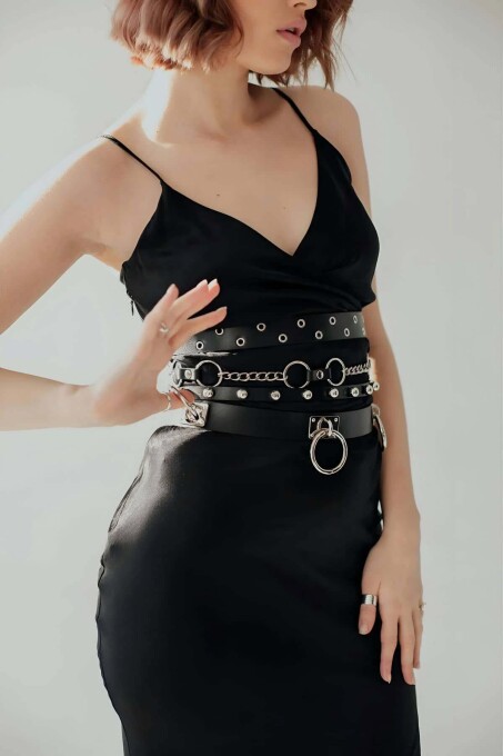 Leather Belt with Chain and Ring Accent - 1