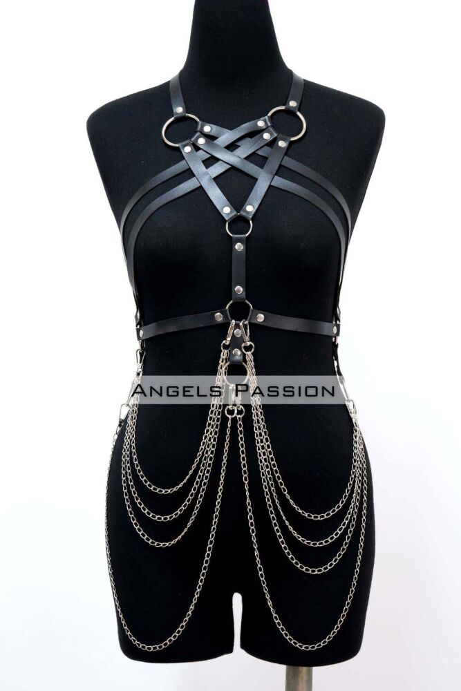 Leather Breast Harness with Chain Detail, Leather Fancy Dress, Dress Accessory - 1