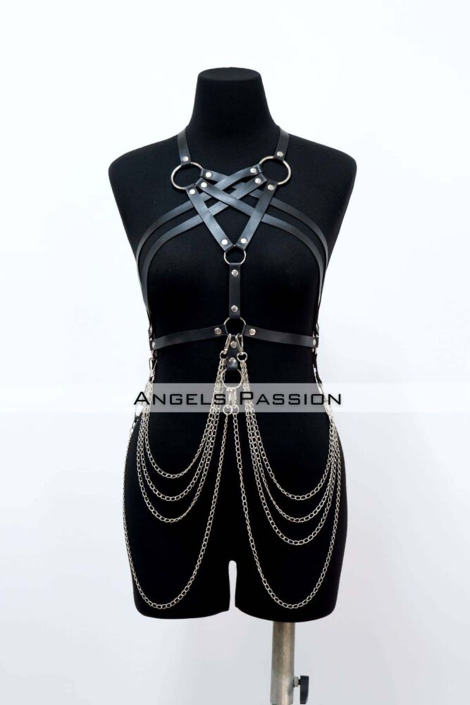 Leather Breast Harness with Chain Detail, Leather Fancy Dress, Dress Accessory - 3