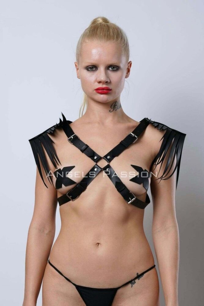 Leather Chest Harness with Tasseled Shoulder Detail - 6