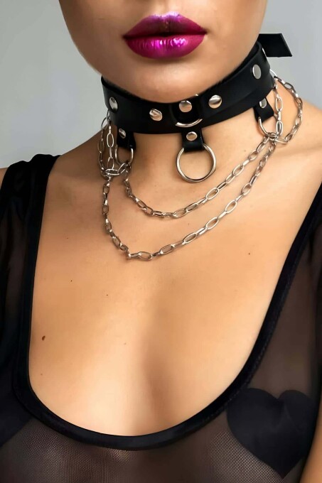 Leather Choker Collar with Chain and Ring Detail - 1