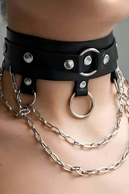 Leather Choker Collar with Chain and Ring Detail - 2