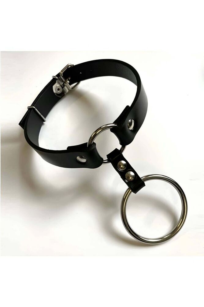 Leather Choker with Adjustable Ring Detail - 1