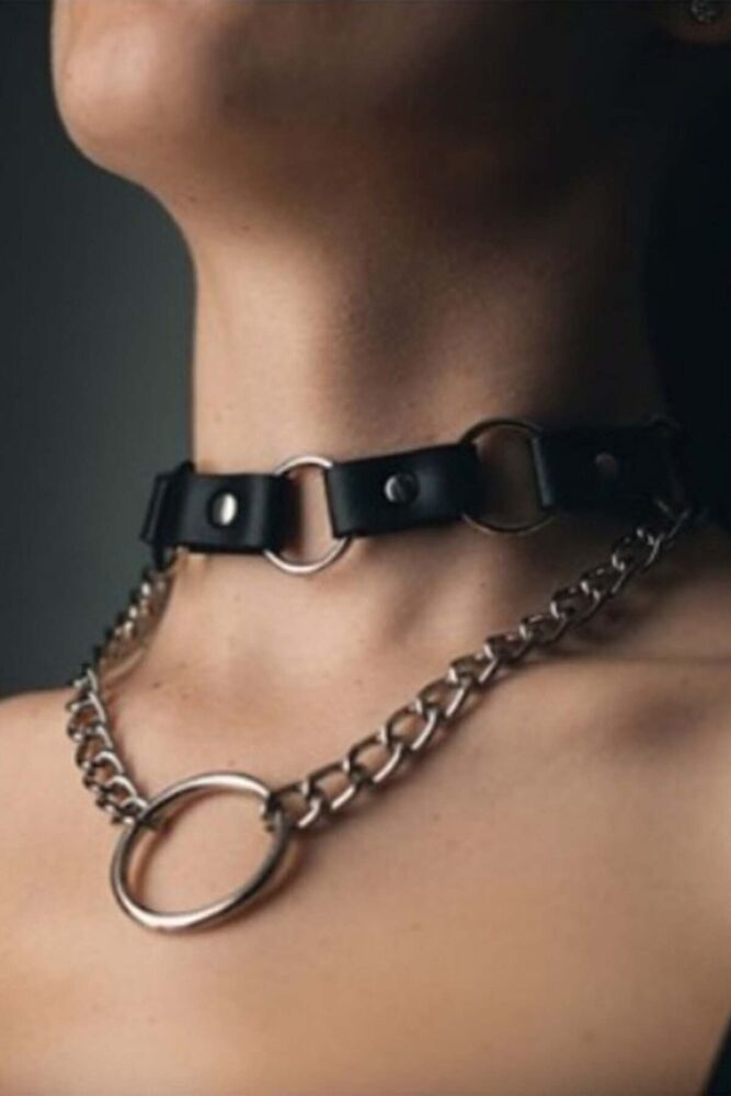 Leather Choker with Chain and Ring - 1