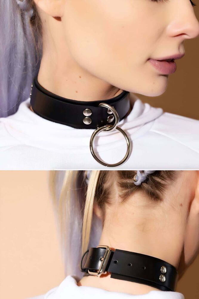 Leather Choker with Detailed Ring - 2