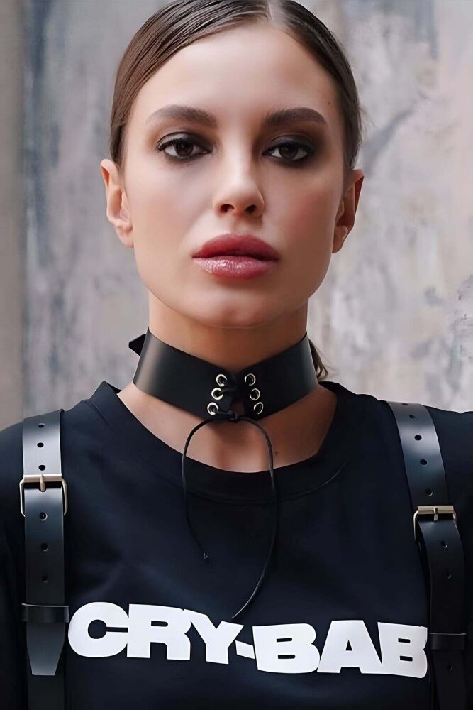 Leather Choker with Rope Tie Detail - 1