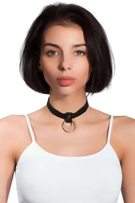 Leather Collar Necklace with Ring Detail - 1