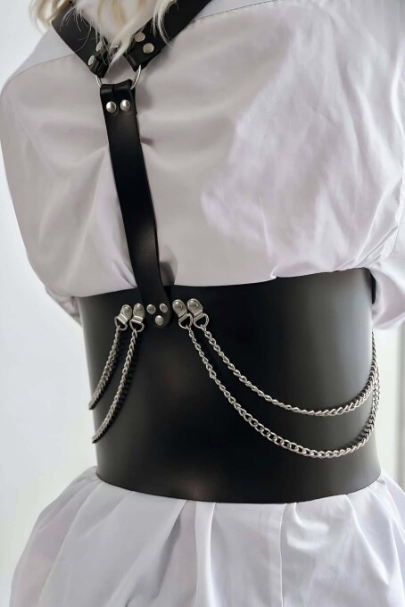 Leather Corset Belt with Chain Details for Women - 3