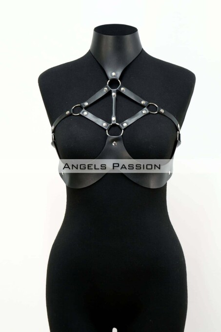 Leather Fancy Wear with Open Breasts, Leather Breast Harness - 1