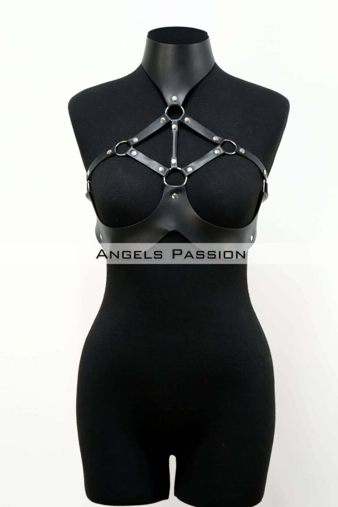 Leather Fancy Wear with Open Breasts, Leather Breast Harness - 3