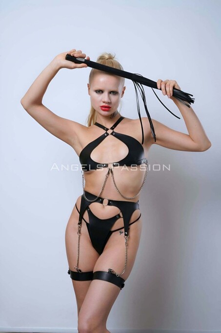 Leather Garter and Bra Set with Whip for Fancy Wear - 6