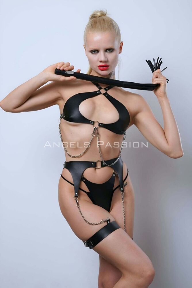 Leather Garter and Bra Set with Whip for Fancy Wear - 7