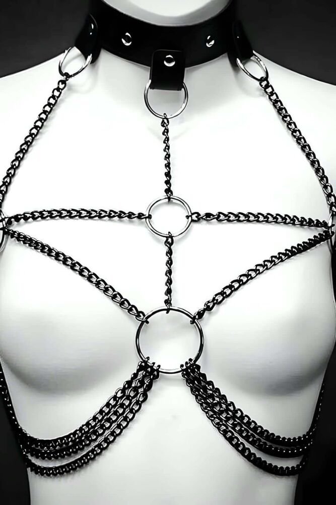 Leather Harness with Chain Leash Detail - 2