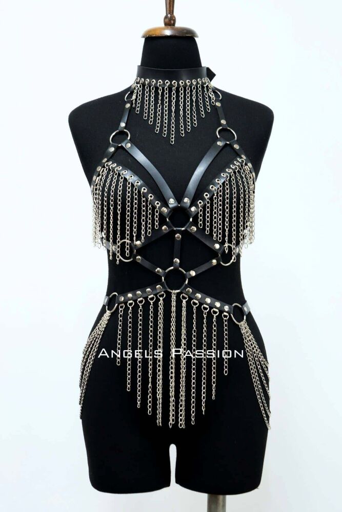 Leather Harness with Chain, Leather Dancer Costume, Leather Harness with Choker Detail - 1