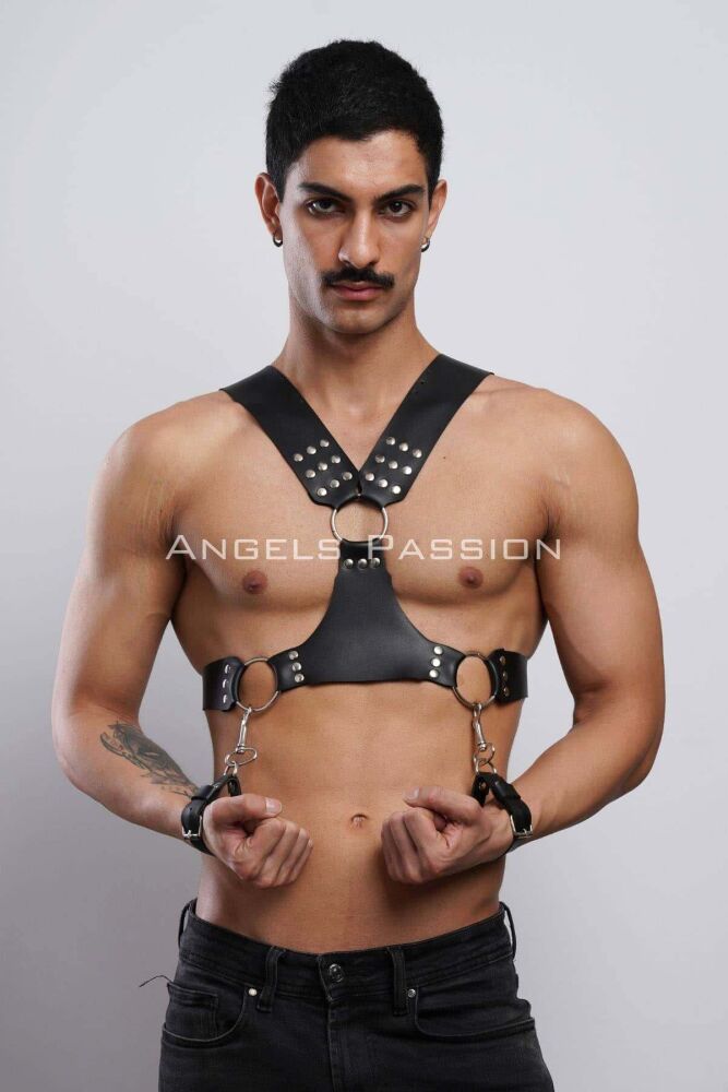 Leather Men's Chest Harness with Cuffs for Fancy Wear - 1