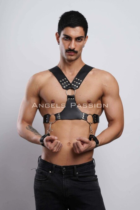 Leather Men's Chest Harness with Cuffs for Fancy Wear - 3