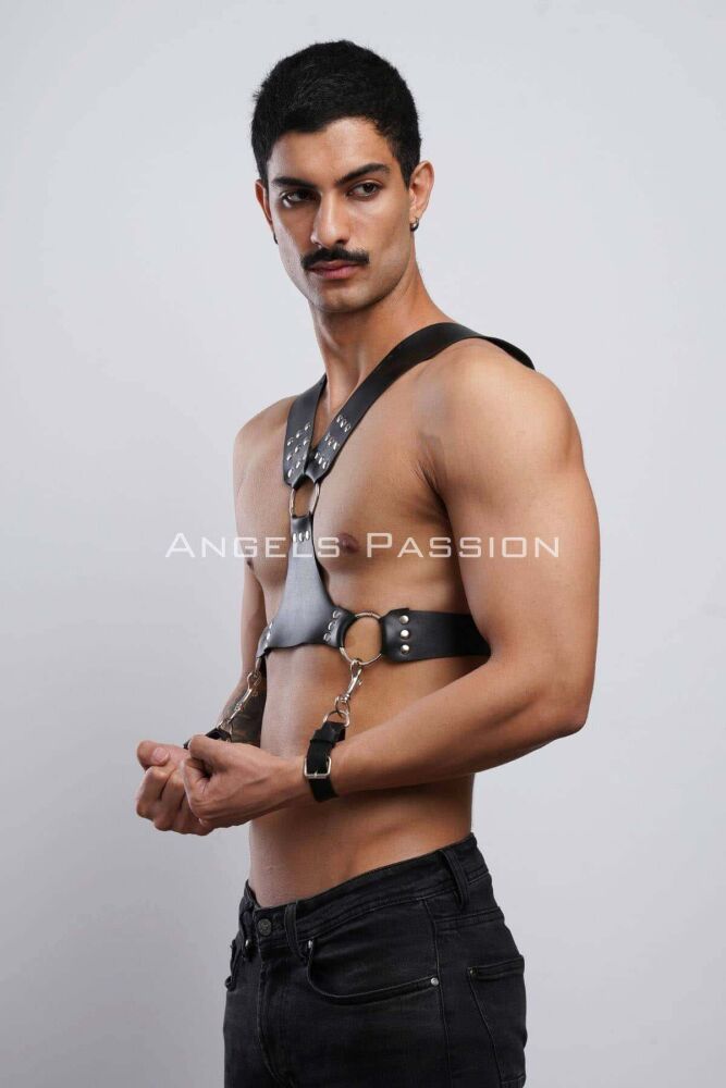Leather Men's Chest Harness with Cuffs for Fancy Wear - 4