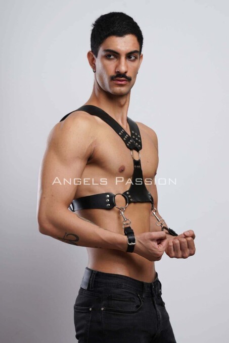 Leather Men's Chest Harness with Cuffs for Fancy Wear - 5