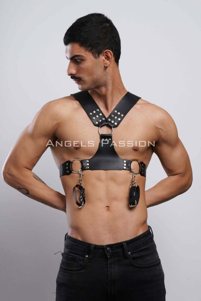 Leather Men's Chest Harness with Cuffs for Fancy Wear - 7