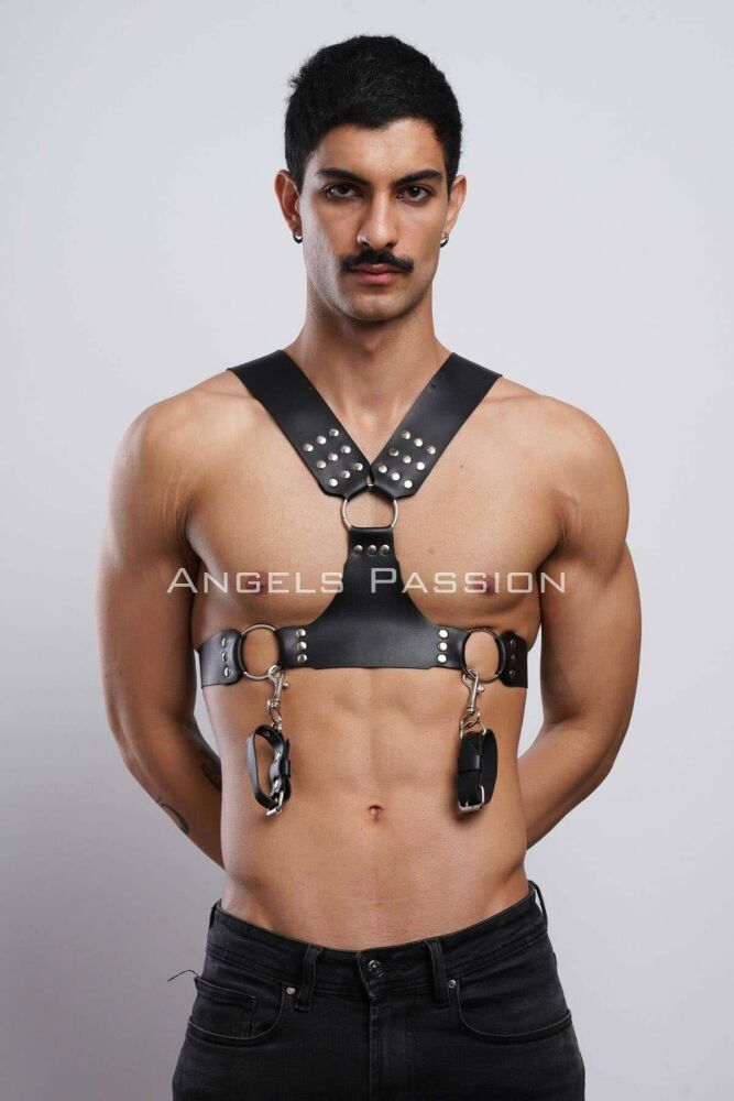 Leather Men's Chest Harness with Cuffs for Fancy Wear - 8