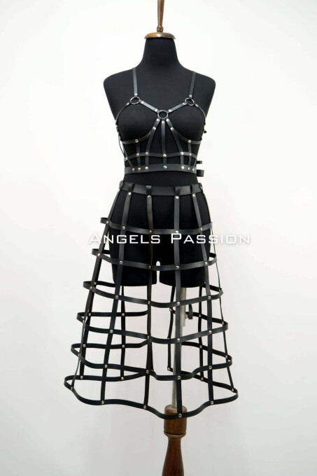 Leather Skirt and Leather Chest Harness Suit, Cosplaywear - 4