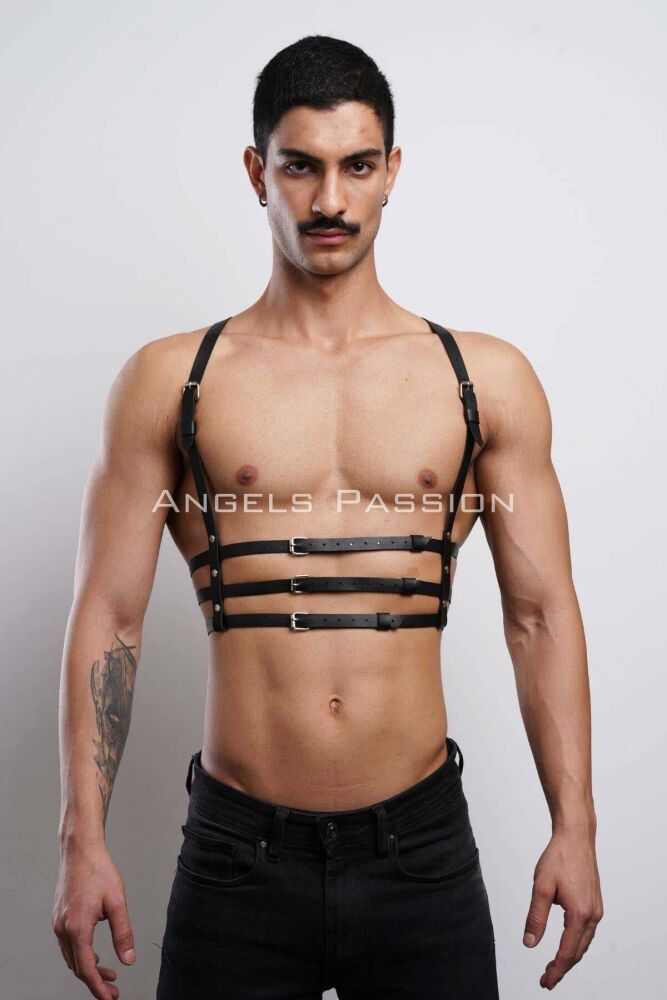 Men's 3 Row Leather Chest Harness, Stylish T-Shirt Accessory - 1