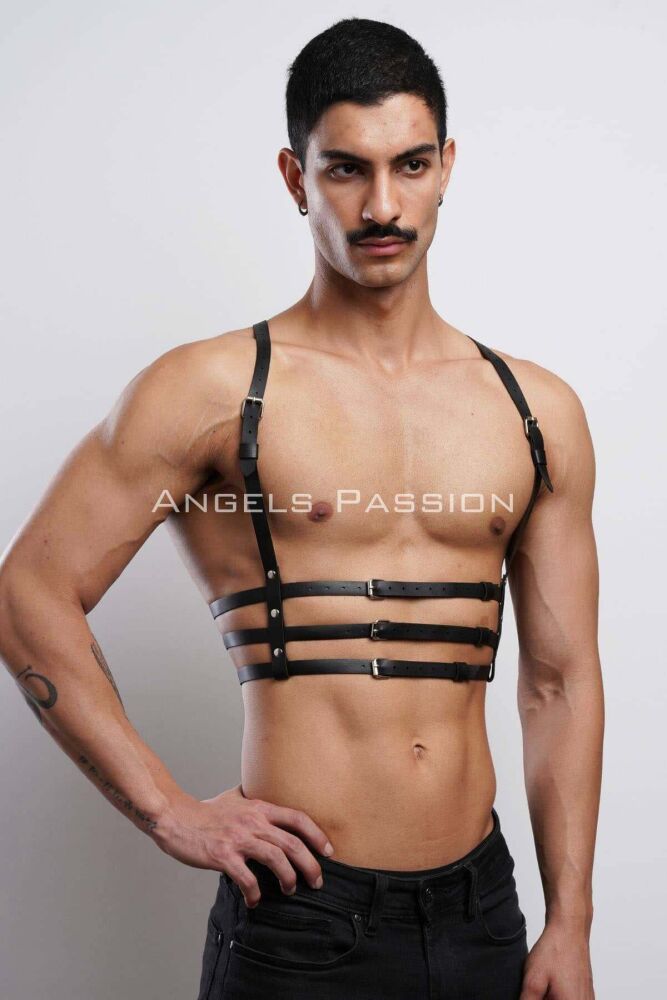 Men's 3 Row Leather Chest Harness, Stylish T-Shirt Accessory - 2