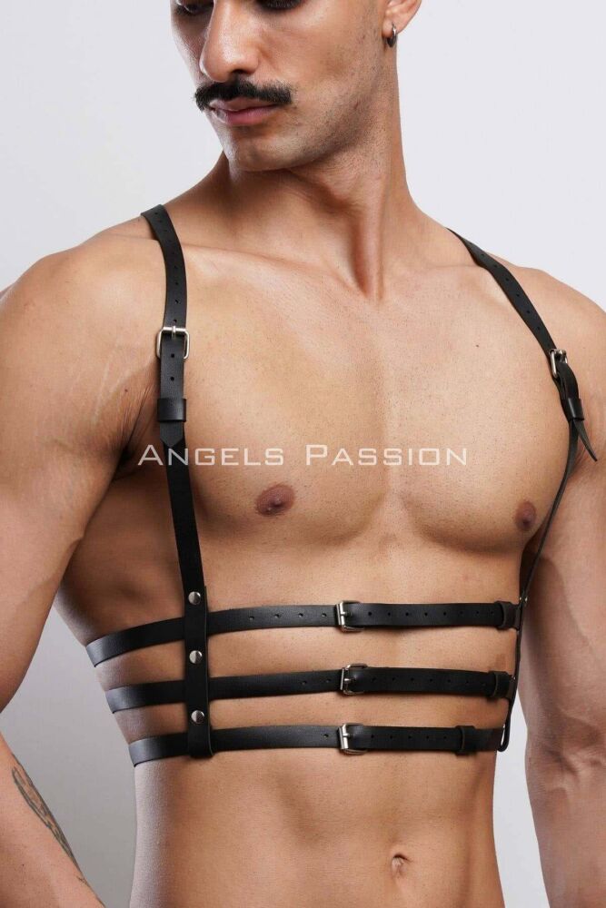 Men's 3 Row Leather Chest Harness, Stylish T-Shirt Accessory - 3