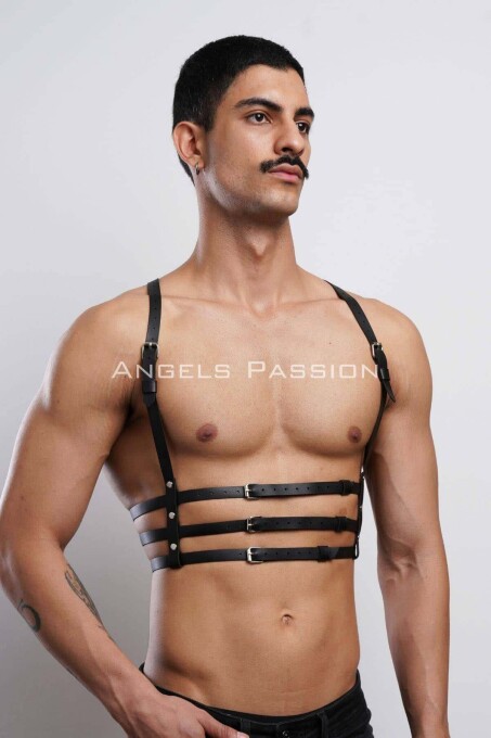 Men's 3 Row Leather Chest Harness, Stylish T-Shirt Accessory - 4