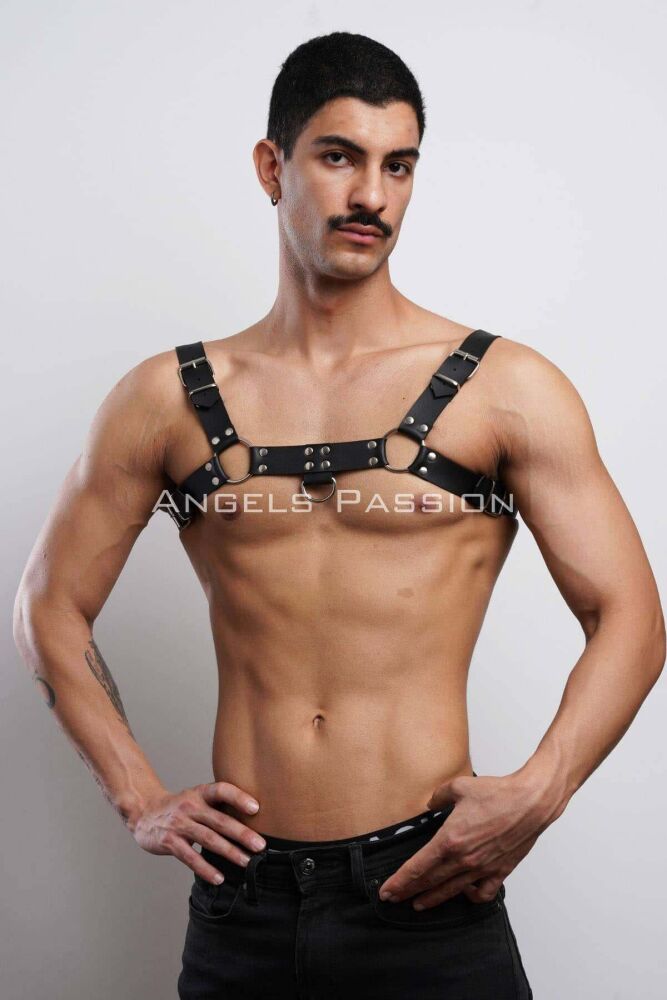 Men's Bulldog Leather Chest Harness for Fancy Clothing - 9