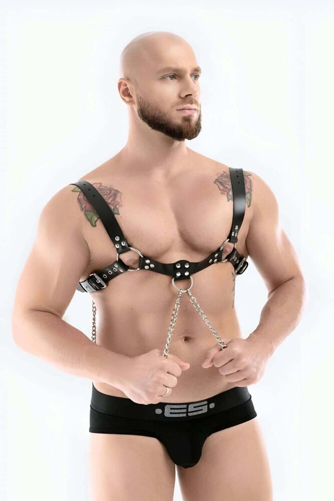 Men's Leather Bulldog Chest Harness with Stylish Chain Detail - 2