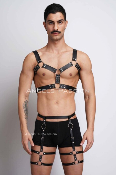Men's Leather Chest and Leg Harness Set - 1