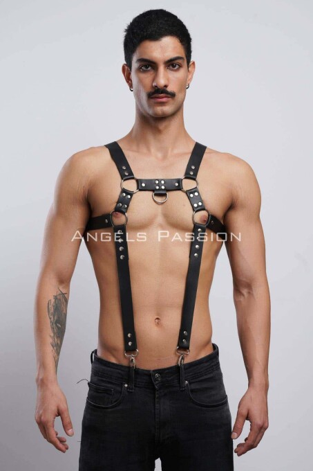 Men's Leather Chest Harness and Trouser Suspenders - 1