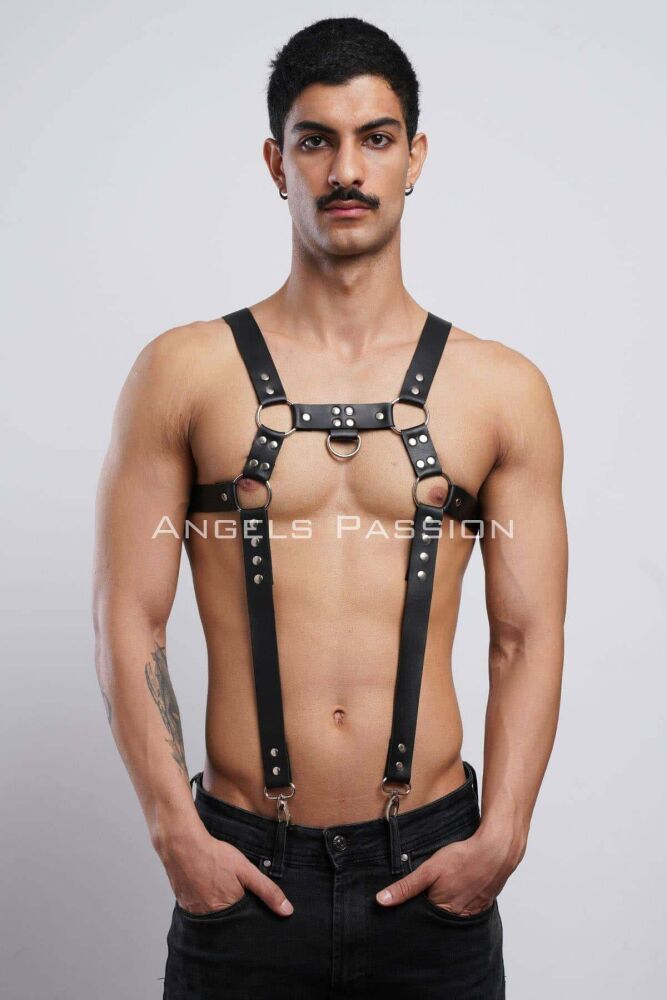 Men's Leather Chest Harness and Trouser Suspenders - 2