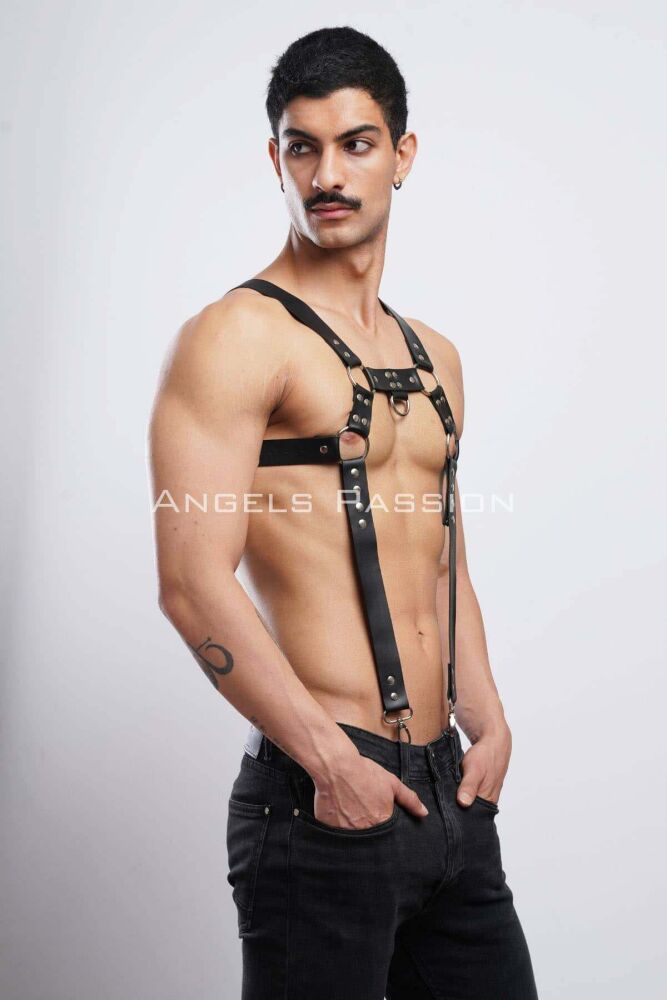 Men's Leather Chest Harness and Trouser Suspenders - 3