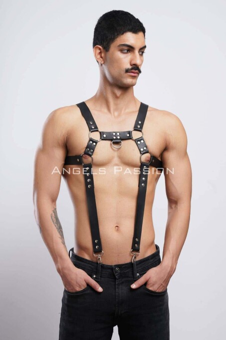 Men's Leather Chest Harness and Trouser Suspenders - 4