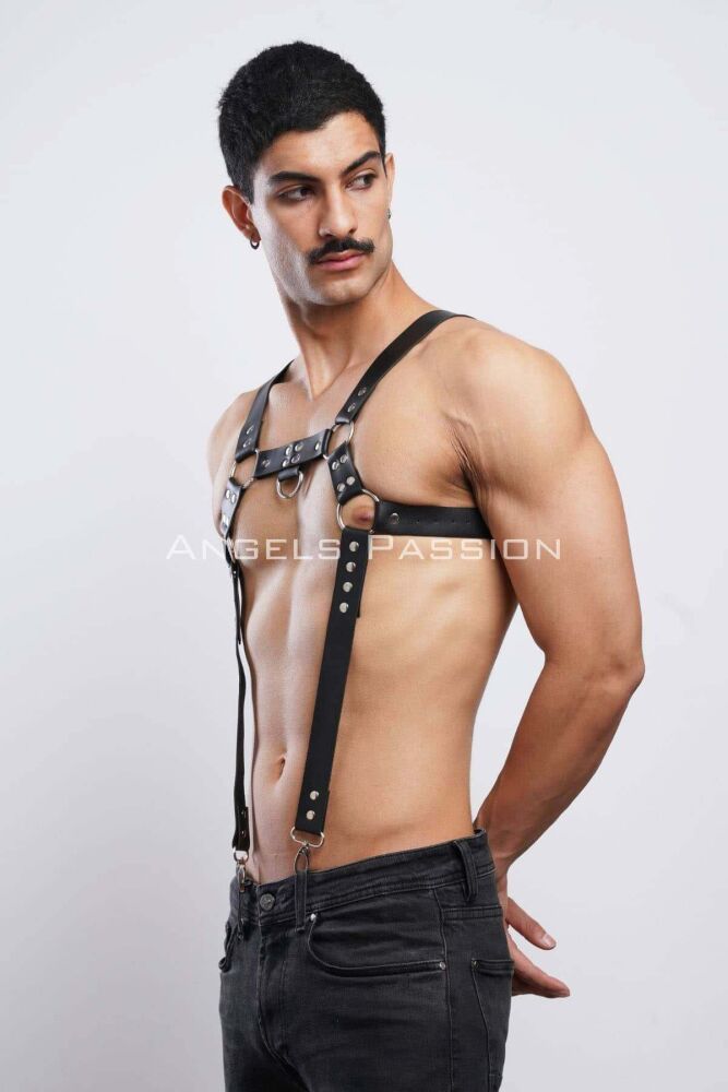 Men's Leather Chest Harness and Trouser Suspenders - 6