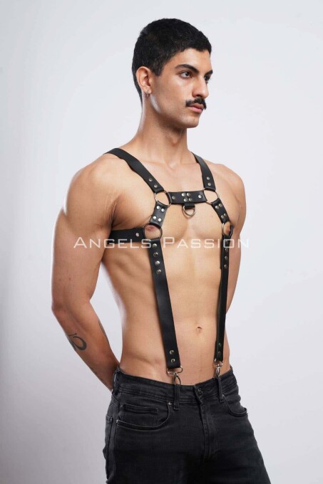 Men's Leather Chest Harness and Trouser Suspenders - 7