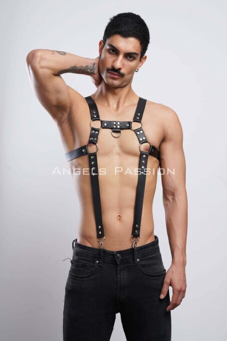 Men's Leather Chest Harness and Trouser Suspenders - 8