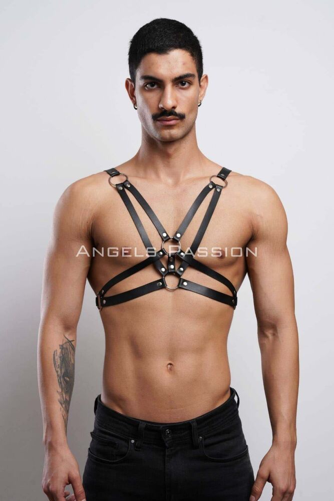 Men's Leather Chest Harness, Stylish T-Shirt Accessory - 1