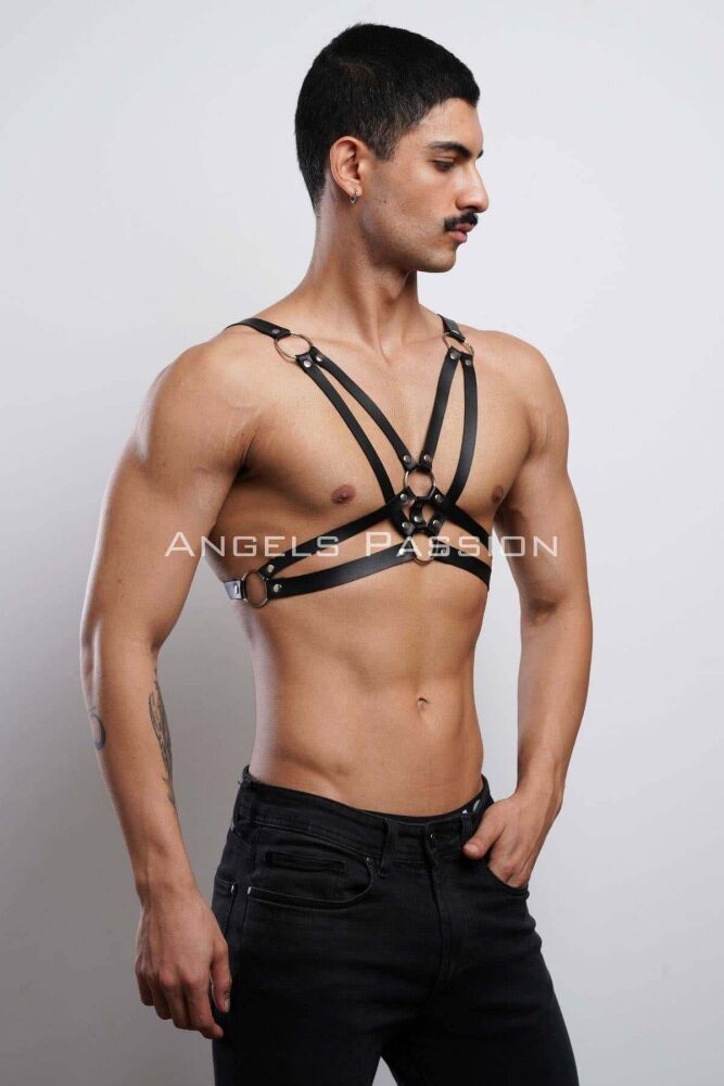 Men's Leather Chest Harness, Stylish T-Shirt Accessory - 2