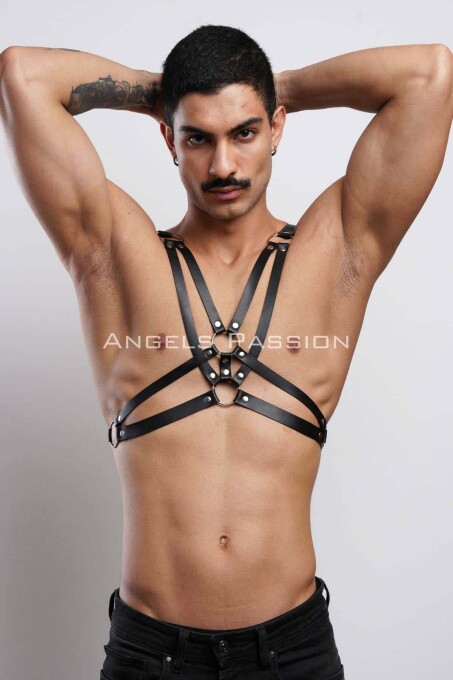 Men's Leather Chest Harness, Stylish T-Shirt Accessory - 3