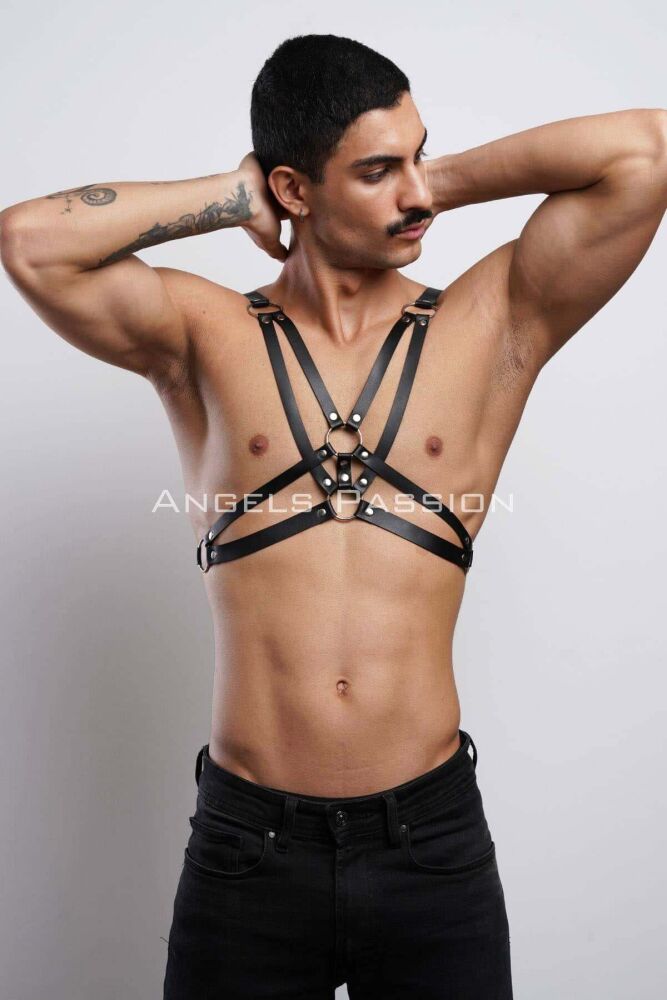 Men's Leather Chest Harness, Stylish T-Shirt Accessory - 4