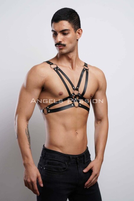 Men's Leather Chest Harness, Stylish T-Shirt Accessory - 5