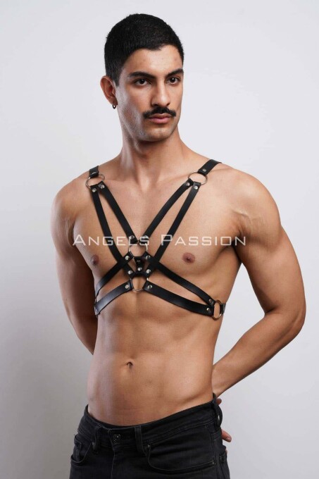 Men's Leather Chest Harness, Stylish T-Shirt Accessory - 6