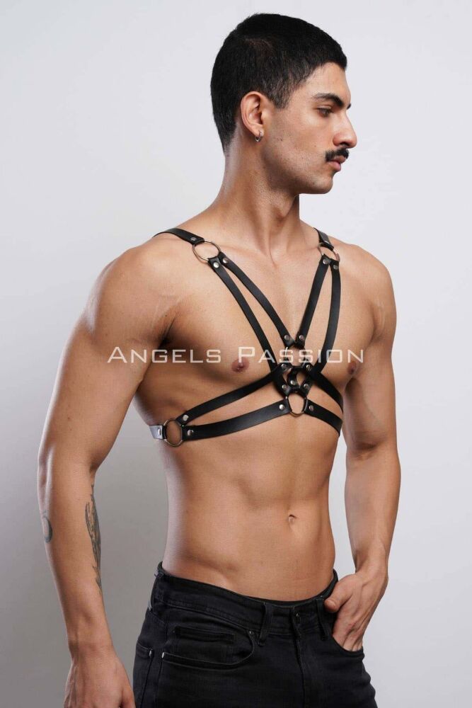 Men's Leather Chest Harness, Stylish T-Shirt Accessory - 7